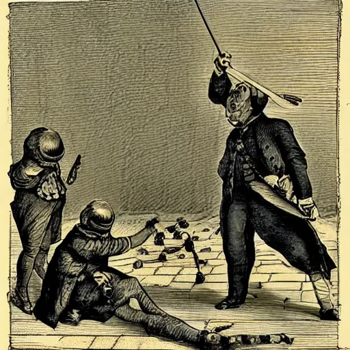 Prompt: French Revolution, beheading louis 16, frog perspective, digital art