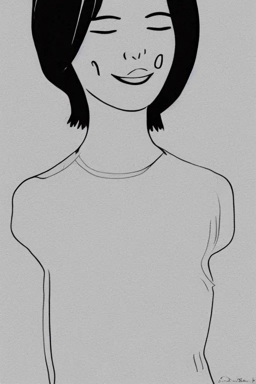 Prompt: portrait of a girl in long pants and a top, hands in pockets, eyes closed, bob haircut, digital art, black and white, lineart