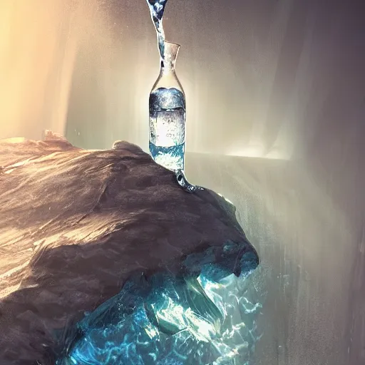 Image similar to a bottle of water falling through the depths of despair, dynamic lighting, photorealistic dark sci - fi concept art, trending on artstation, stunning visuals, creative, cinematic, ultra detailed