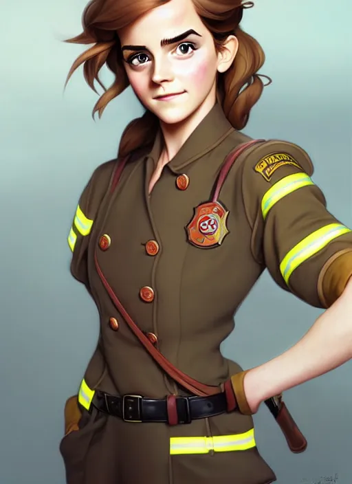 Image similar to cute colonel emma watson firefighter, natural lighting, path traced, highly detailed, high quality, digital painting, by don bluth and ross tran and studio ghibli and alphonse mucha, artgerm