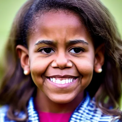 Image similar to a face portrait of barak obama, michelle obama, at 6 years old. photography.