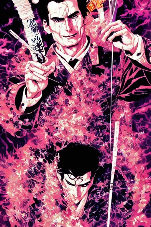 Image similar to poster of patrick bateman as a samurai, vaporwave aesthetic, by yoichi hatakenaka, masamune shirow, josan gonzales and dan mumford, ayami kojima, takato yamamoto, barclay shaw, karol bak, yukito kishiro