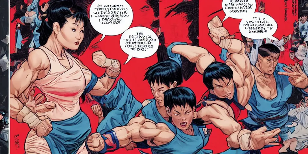 Image similar to Chun Li teaching Trump karate. Epic painting by James Gurney and Laurie Greasley.