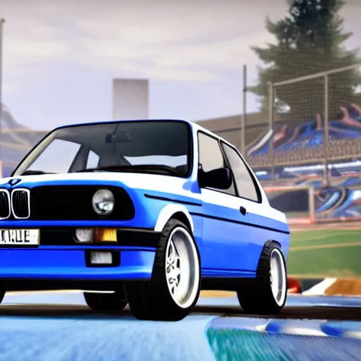 Image similar to a blue bmw e30 in the video game rocket league, rendered in unreal engine