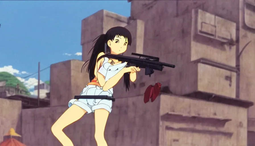 Prompt: 1 9 9 6 anime screencap of a girl with a gun on a rio de janeiro anime, by hayao miyazaki, studio ghibli, rio background extremely high quality artwork