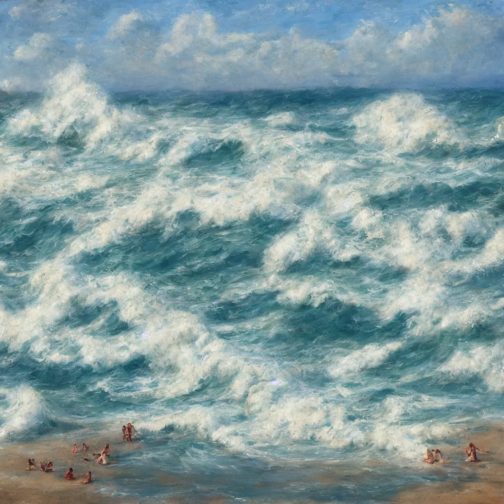 Image similar to italian beach scene with large waves crashing down, people swimming, the water and waves and sea foam painted in very thick impasto