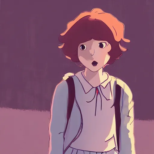 Image similar to Eleven from Stranger things by Makoto Shinkai , character,anime, landscape!!