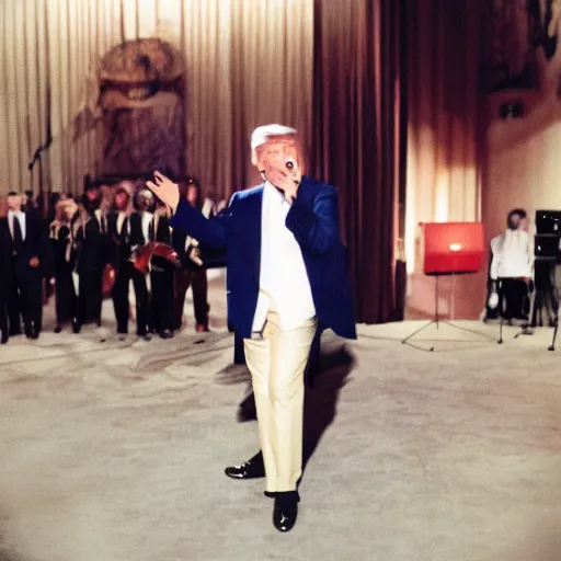 Image similar to photo of Donald Trump in the band Ghost, cinestill, 800t, 35mm, full-HD