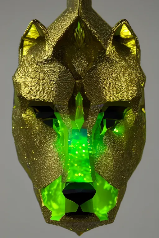 Prompt: portrait, gorgeous peridot gemstone, semi - transparent, wolf statue with gold filigree, inner glow, shiny, hd, octane render, 8 k