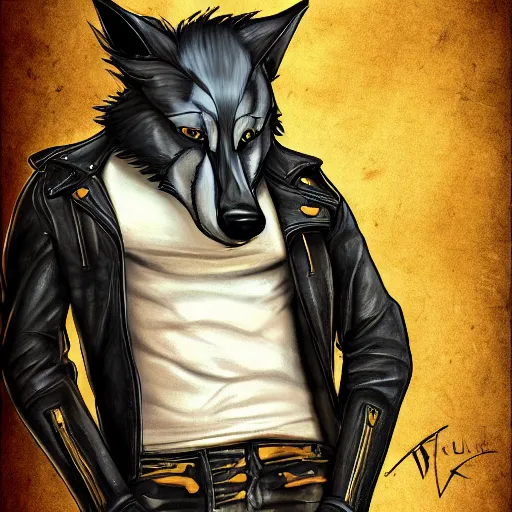 Image similar to A wolf with a small head wearing a leather jacket and leather jeans and leather gloves, trending on FurAffinity, energetic, dynamic, digital art, highly detailed, FurAffinity, high quality, digital fantasy art, FurAffinity, favorite, character art