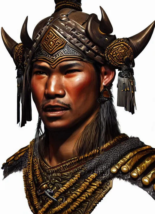 Image similar to tai warlord, closeup portrait, historical, ethnic group, traditional costume, bronze royal thai headset, leather shoulder armor, fantasy, intricate, with tai bronze artifacts, leather armor cross onbare chest, elegant, loin cloth, highly detailed, oill painting, artstation, concept art, matte, sharp focus, illustration, hearthstone, art by earl norem