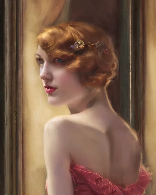 Image similar to daniel gerhartz and artgerm portrait digital realist painting of a 1 9 2 0 s beautiful woman at a party in a mansion, mansion interior in the background, unreal engine, hyper realism, realistic shading, cinematic composition, realistic render, octane render, detailed textures, photorealistic, ultrawide shot, 3 5 mm film