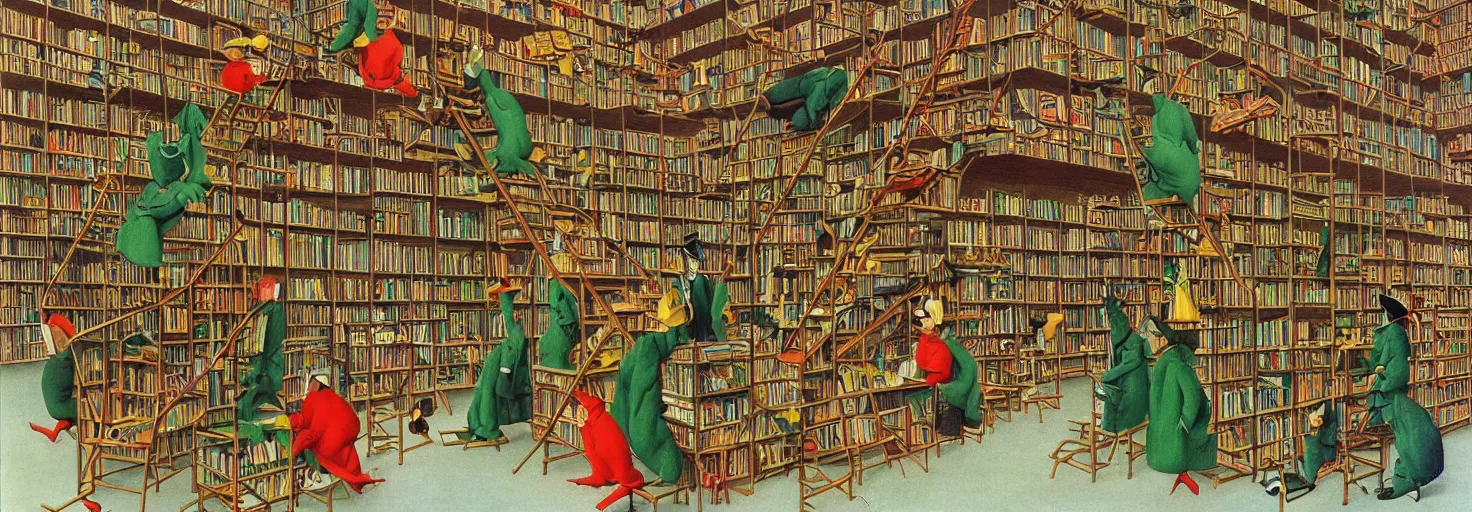 Image similar to a book store, customers are rabbit, by m. c. escher, yellow, green, red, snowy, ultra sharp, ultra detailed, happy, uplifting, colorized by salvador dali