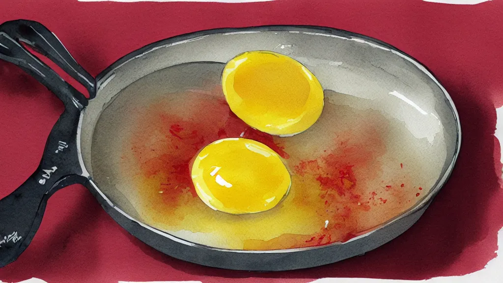 Prompt: carefully prepared egg on a frying pan, kseniia yeromenko, rob duenas, watercolor, illustration, red background, highly detailed