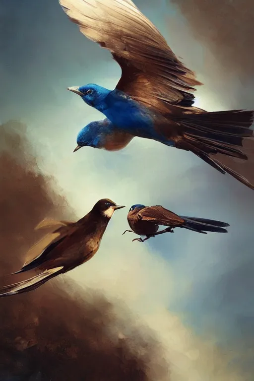 Image similar to birds flying, wings, flock of brown black blue birds, oil painting, sunlit, paint texture, digital painting, highly detailed, artstation, sharp focus, illustration, concept art, ruan jia, charlie bowater, tom bagshaw, norman rockwell