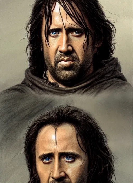 Image similar to portrait of nicolas cage as aragorn, by alan lee, lord of the rings, smooth, detailed terrain, oil painting, matte painting, concept art, trending on artstation, promotional artwork, film still, elegant, photorealistic facial features, intricate, detailed face, cinematic lighting