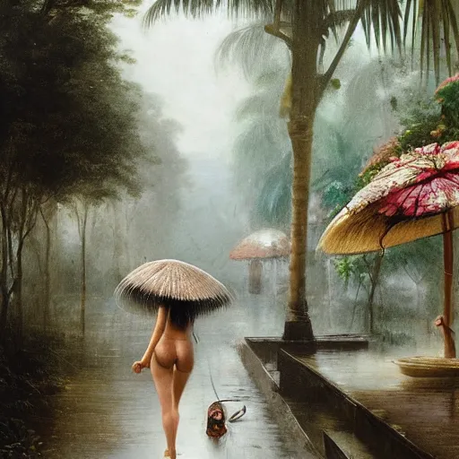 Image similar to monsoon on tropical island, endowed oriental girl in white, frontal, ornate, beautiful, atmosphere, vibe, mist, coconuts, rain, wet, pristine, puddles, melting, dripping, snow, creek, lush, ice, bridge, forest, roses, flowers, by stanley artgerm lau, greg rutkowski, francisco de goya