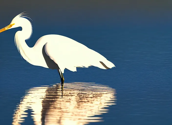 Prompt: an extremely detailed masterpiece photorealistic of a snowy egret hunting food along the shoreline with reflection, in the style of hiromi gibbs, digital art, unreal engine, volumetric lighting, dark moody lighting, epic scene