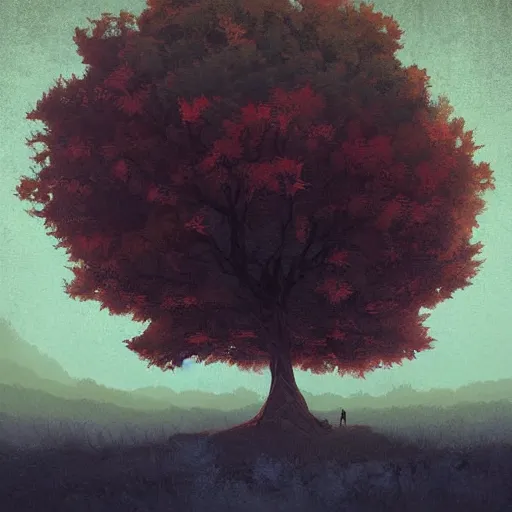 Prompt: critical detail, digital art, wlop by ( jeremiah ketner and leonardo da vinci and greg rutkowski ), cinematic, contrasting colors, a tree stands alone on a simple landscape of epic proportions, a simple textured vector based illustration, atmospheric dreamscape painting, sharp focus