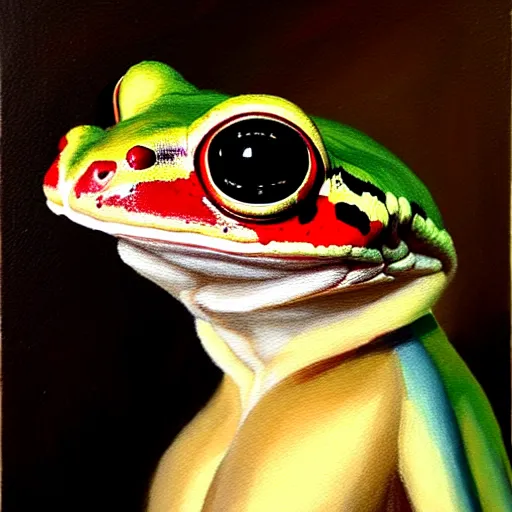 Image similar to a head and shoulders portrait painting of an anthropomorphic!!!!!!!!!! amazon milk frog!!!!!!!!!! wearing a colonial!!!!!!!!!! outfit without a hat looking off camera, a character portrait, romanticism, oil on canvas, visible brushstrokes, intense colors