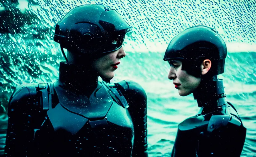 Image similar to cinestill 5 0 d candid action photographic portrait by christopher nolan of two loving female androids wearing rugged black mesh techwear in treacherous waters, extreme closeup, modern cyberpunk retrofuturism moody emotional cinematic, pouring iridescent rain, 8 k, hd, high resolution, 3 5 mm, f / 3 2, motion blur, ultra realistic faces, ex machina