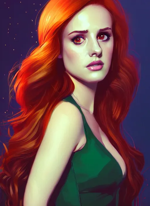 Image similar to full body portrait of teenage cheryl blossom, bangs, green eyes, sultry expression, red hair, sultry smirk, bangs and wavy hair, bangs, intricate, elegant, glowing lights, highly detailed, digital painting, artstation, concept art, smooth, sharp focus, illustration, art by wlop, mars ravelo and greg rutkowski