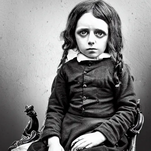 Prompt: a photo of young sad victorian gothic child with big eyes and wide grin sitting on a sofa of bones surrounded by a cyber futuristic cityscape made of human body parts, lighting, 5 0 mm, perfect faces