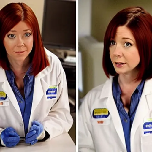 Image similar to full body photo of alyson hannigan as a scientist on a a lab, very detailed face