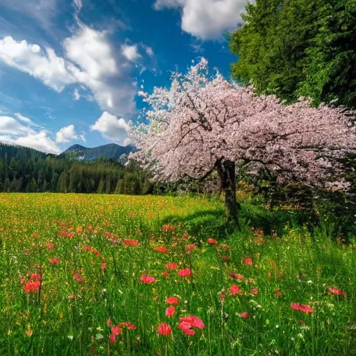 Prompt: a flower meadow with blooming trees, beautiful landscape