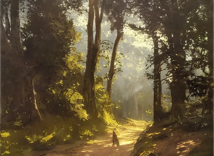 Image similar to oil painting of medieval forest path in dawn by anders zorn, wonderful art by greg rutkowski, incredible lighting, shadows, beautiful cinematic light, american romanticism by greg manchess, tall rocky mountains and storm clouds, sun rays, sunshine, bright sunny summer day, stone walls