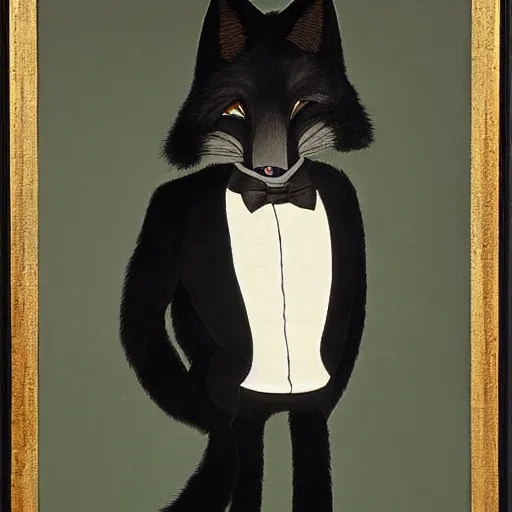 Prompt: male anthro black fox furry fursona with a black mullet in a spanish style tuxedo, 1 9 7 0 s, canvas painted by famous artist jylon denja