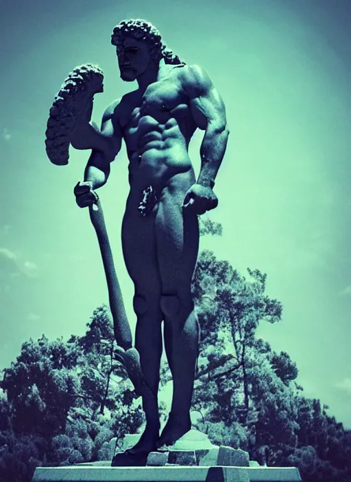 Image similar to statue of victorious hercules, beeple, vaporwave, retrowave, tonal separation, black background, glitch, pixel sorting, strong contrast, pinterest, trending on artstation