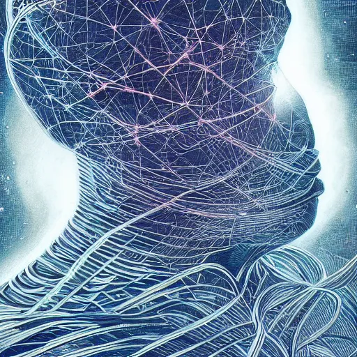 Prompt: beautiful portrait of intelligence, spatial space deformation in latent space, math art, digital circuits, wires, astral plane, by artgerm and dan mumford and gustave dore, ambient occlusion