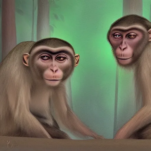 Prompt: two macaques looking at each other inside forest, digital art, soft shadows, creepy art, sun flare