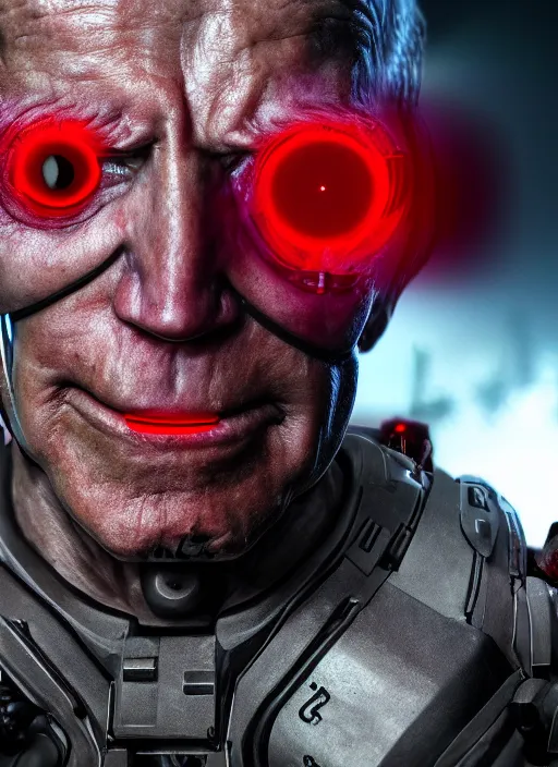 Image similar to hyper realistic ultra realistic cyborg photo Doom furious glowing red eyes biden, high quality photo, detailed , 8k