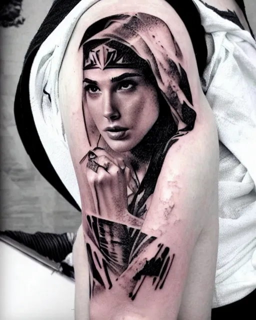 Image similar to creative double exposure effect tattoo design sketch of beautiful gal gadot faded with beautiful mountain scenery, realism tattoo, in the style of matteo pasqualin, amazing detail, sharp