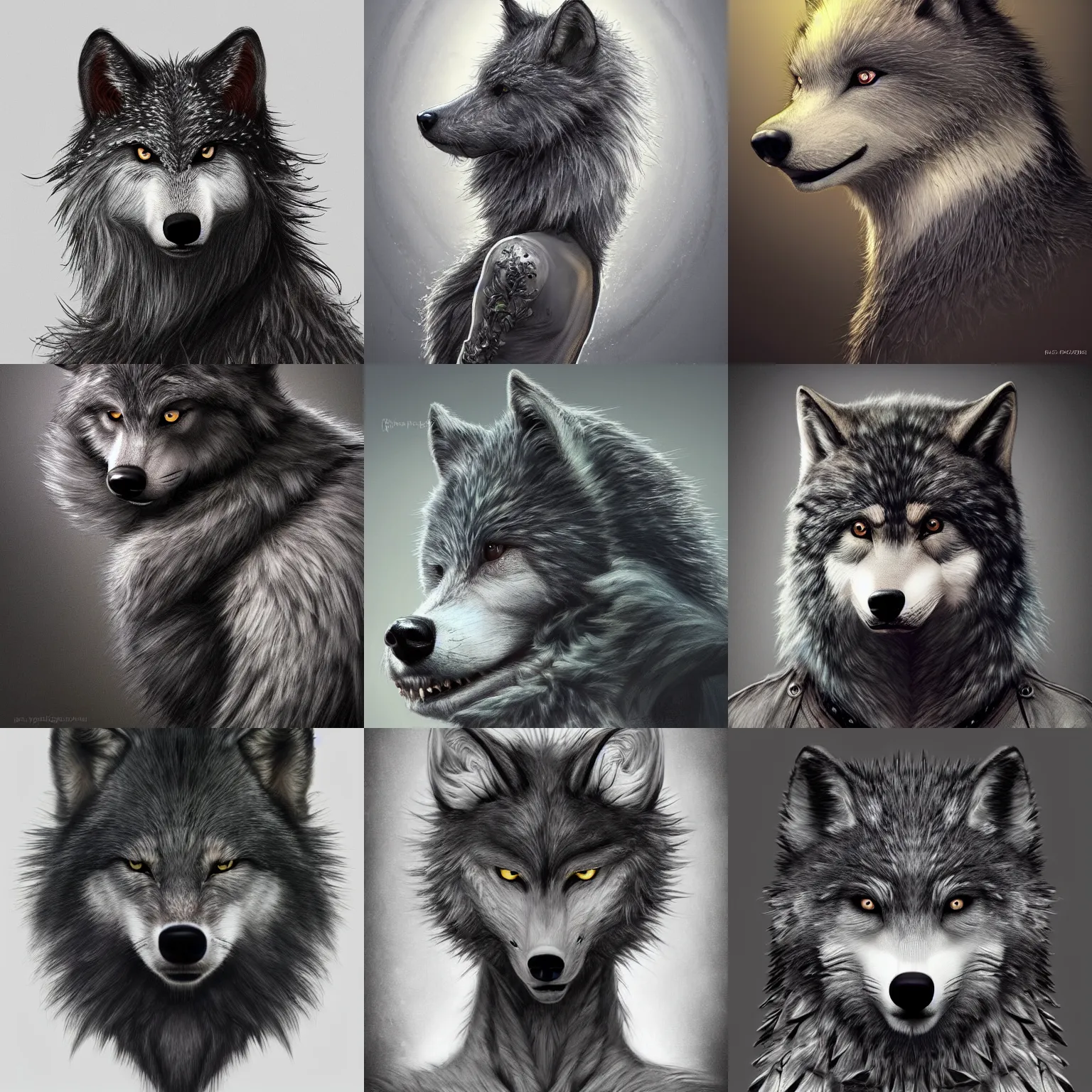 Prompt: a photograpic portrait of a anthropomorphic grey furry wolf wearing casual black clothes, black spikey hair, grey skin, floppy ears, furry character, fursona, fantasy, intricate, elegant, highly detailed, digital painting, artstation, smooth, sharp focus, illustration, art by artgerm and H R Giger and alphonse mucha