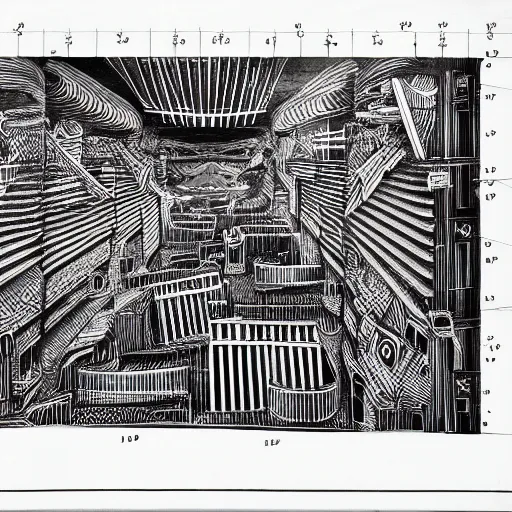 Prompt: a technical drawing of a robotic deity fused with abandoned architecture plans, highly detailed , black and white color scheme, fine lines and graphite, stanley donwood,
