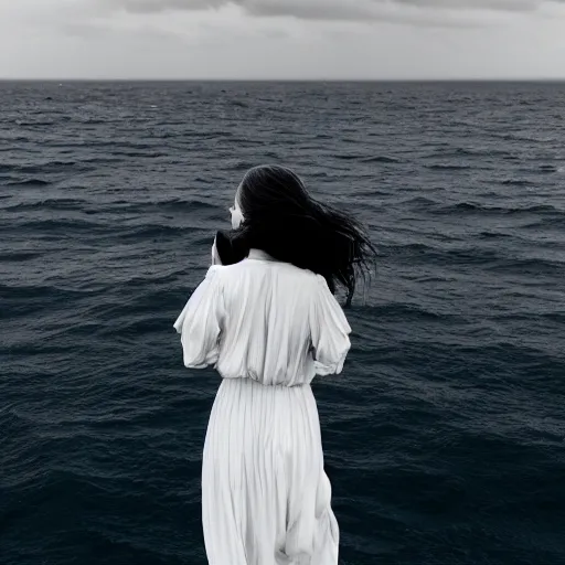 Image similar to A visibly melancholic sad and astonishingly beautiful woman in the middle of the ocean. beautiful face. detailed. gorgeous face features. tumultuous sea. cloudy. long wavy hair. long wavy white dress. black and white. 24mm lens. shutter speed 1/1. iso 150. f/2.8 W-1024