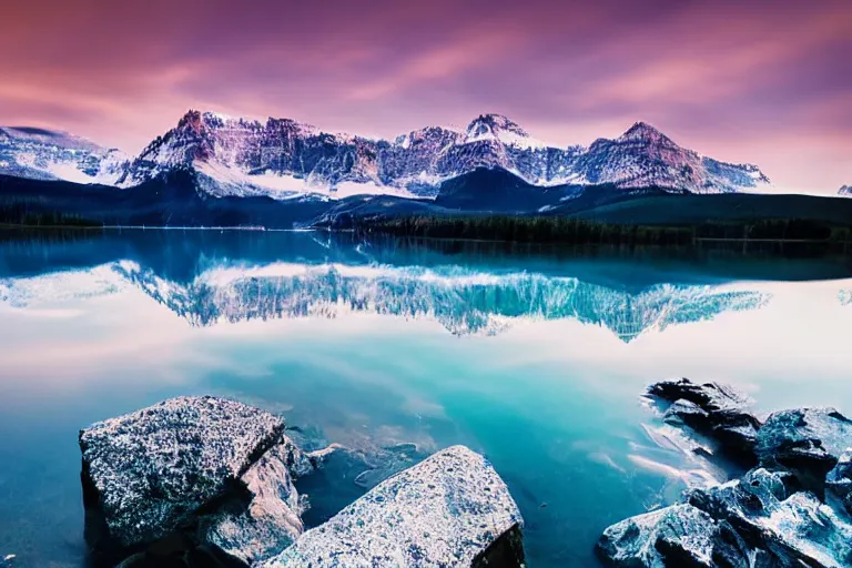 Image similar to beautiful nighttime landscape photography of the Rocky Mountains with a crystal blue lake, serene, dramatic lighting.