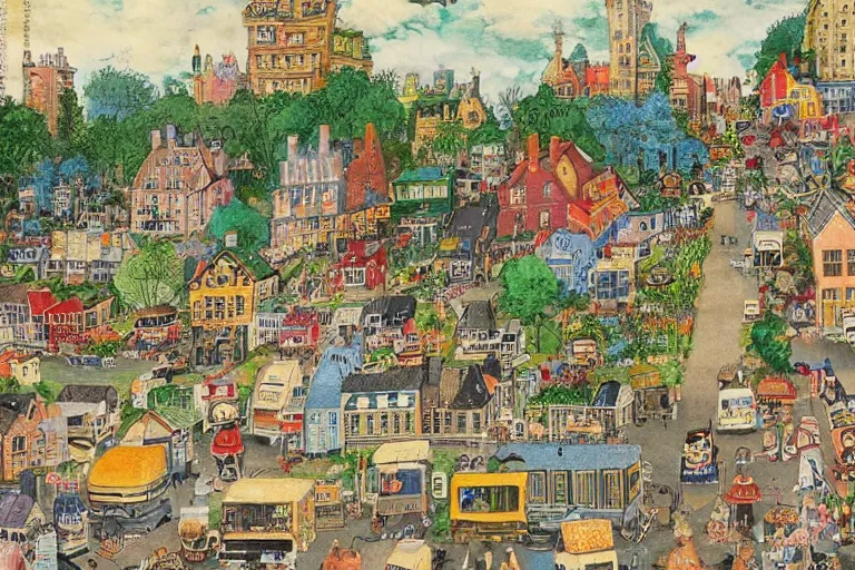Image similar to an elaborate and dense painting of a peaceful neighborhood, detailed, made of alcohol ink on parchment and penned illustrations, by richard scarry and bosch