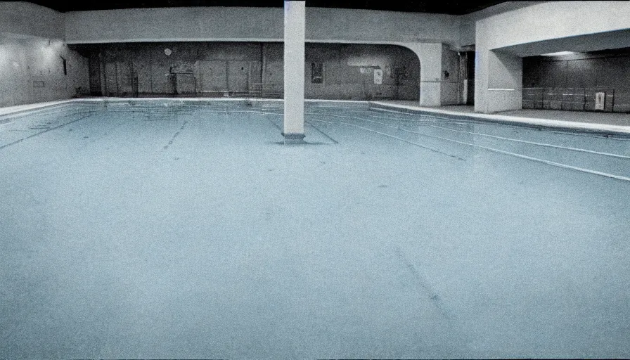 Prompt: 1 9 6 0 s movie still of an empty blue and yellow tiles municipal swimmingpool, security cam night vision footage, liminal space style