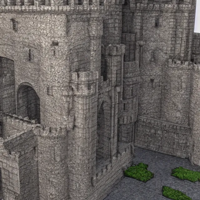 Prompt: complex 3 d render, hyper realistic, looking close up at a well maintained castle