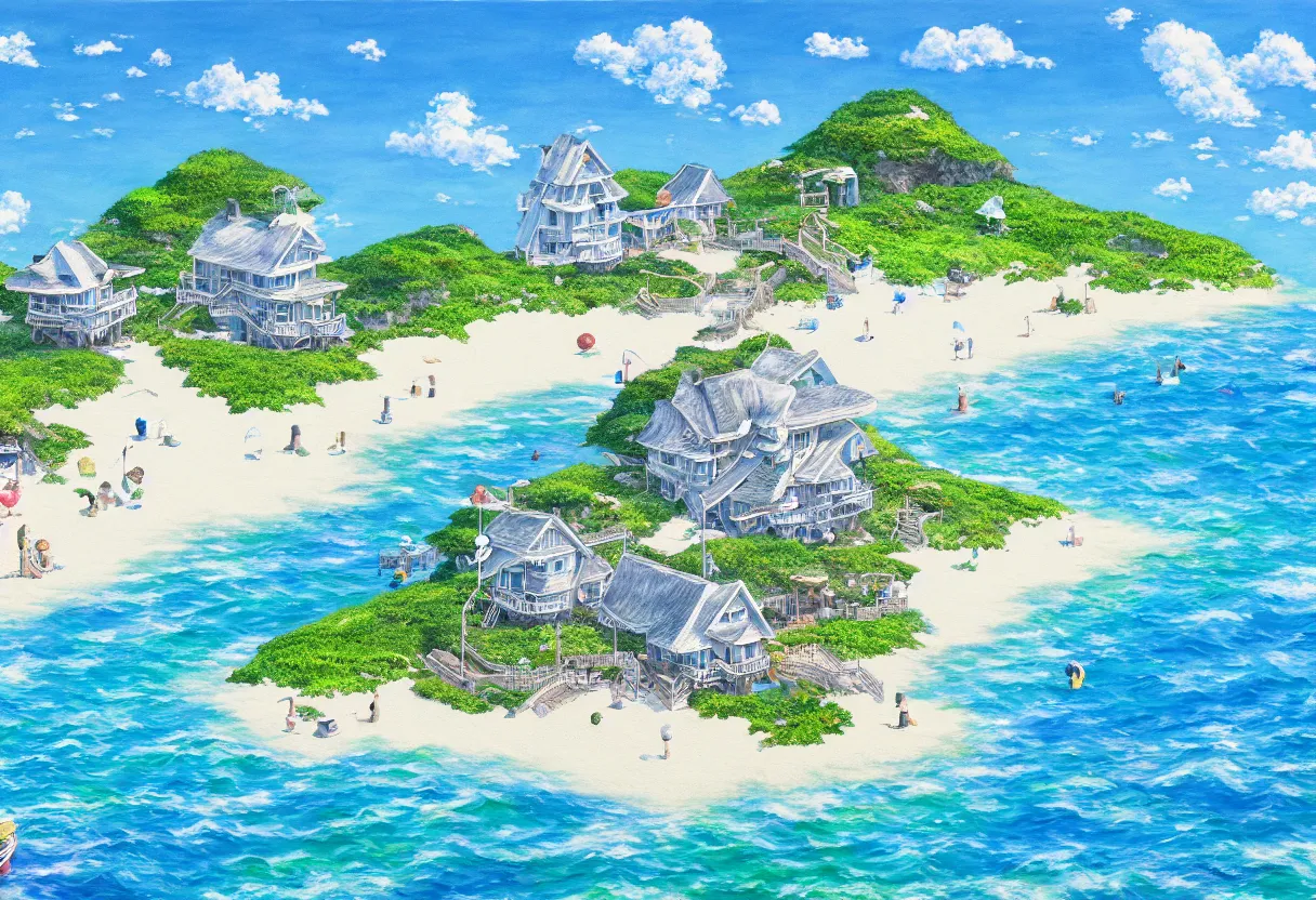 Prompt: a beautiful ultradetailed painting of beach house at the seaside, sunny, close shot, studio ghibli sunlight, archdaily, wallpaper, highly detailed, trending on artstation