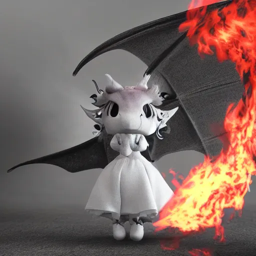 Image similar to cute fumo plush of a dragon girl breathing fire, vray vfx, fire and smoke simulation, black and white