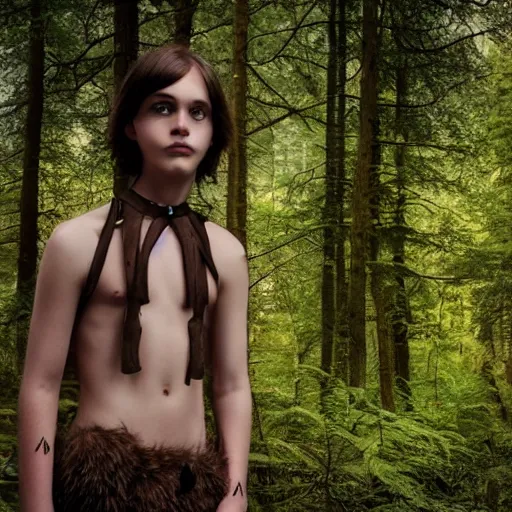 Image similar to a boy, around 2 6 yo. choker necklace. natural brown hair. loincloth, pale skin. detailed face. ominous and eerie looking forest in background. natural colors. hyperrealistic photo.