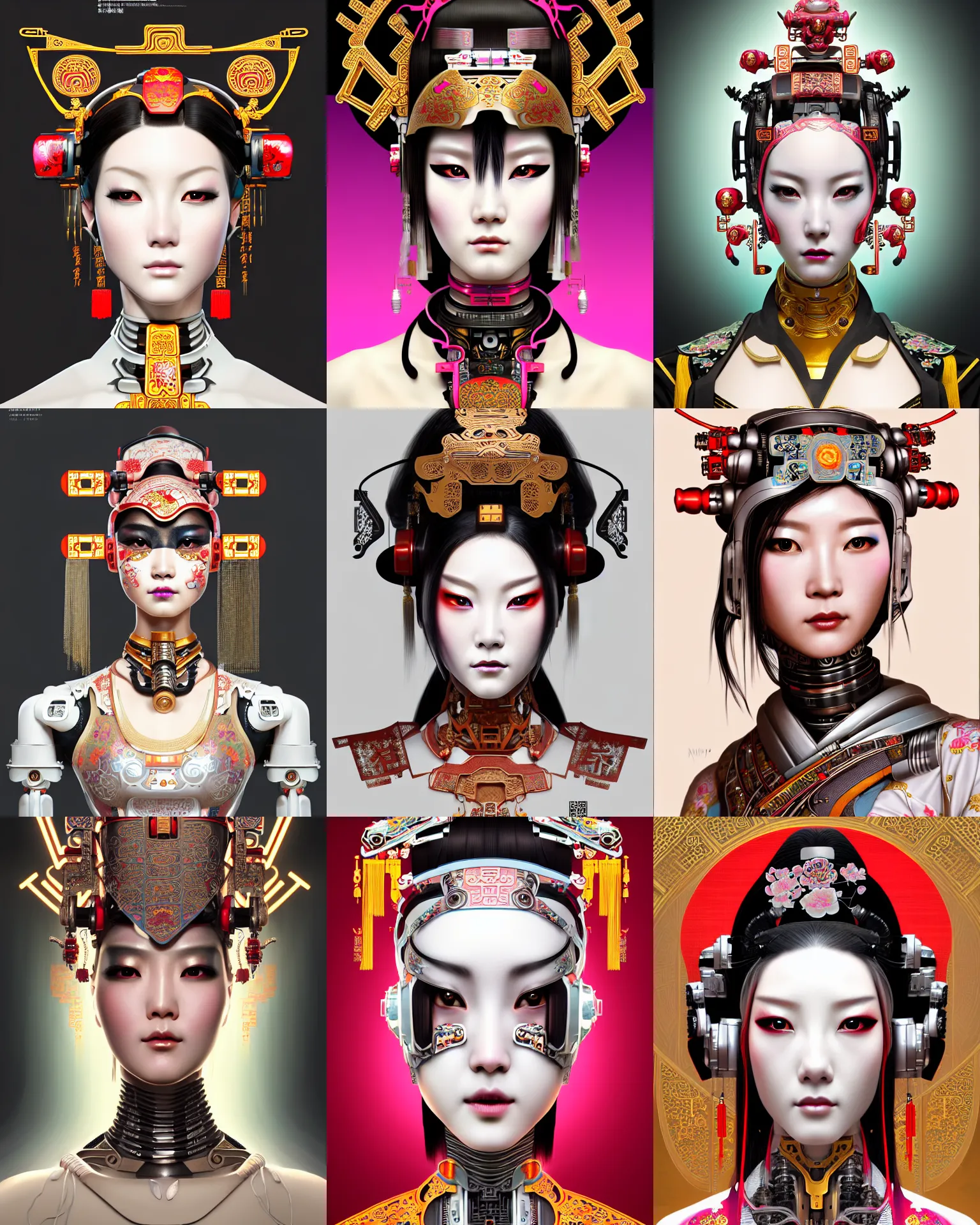 Image similar to upper half portrait of a female robot with machine head gear cyberpunk face accessories, decorated with chinese opera motifs, royal, fine china, wuxia, traditional chinese art intricate intense elegant highly detailed digital painting artstation concept art smooth sharp focus illustration, art by mike nash and artgerm and alphonse mucha and vania zouravliov, 8 k
