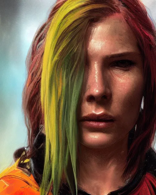 Image similar to '' Face portrait of a fighter with a neon lime leather coat with a scarred eye, long hair with a ponytail , sci-fy, cyberpunk, high detail, 4k , digital painting, artstation, concept art, sharp focus, illustration, art by greg rutkowski and alphonse mucha ''