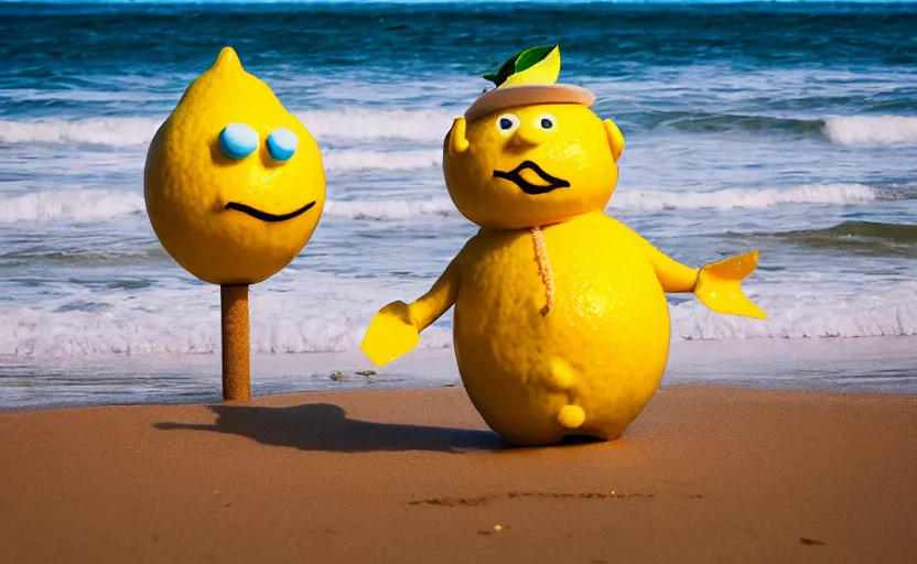 Image similar to 5 0 mm photograph, of a real anthropomorphic lemon character, fit body, with lemon skin texture, it is wearing a hat and scuba diving, building a sandcastle on the beach at sunset, beach, huge waves, sun, clouds, tropical trees, rim light, cinematic photography, professional, sand, sandcastle, volumetric lightening