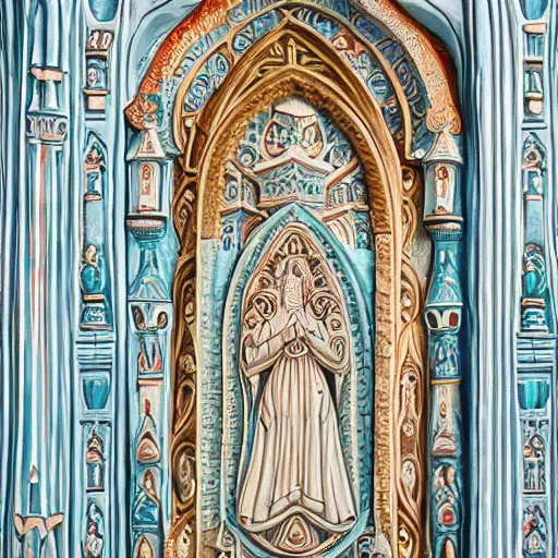 Image similar to intricate colorfully painted carved soapstone relief paneling, white and pale blue, celestial, ghostly, cathedral, insanely detailed, depiction of the saints